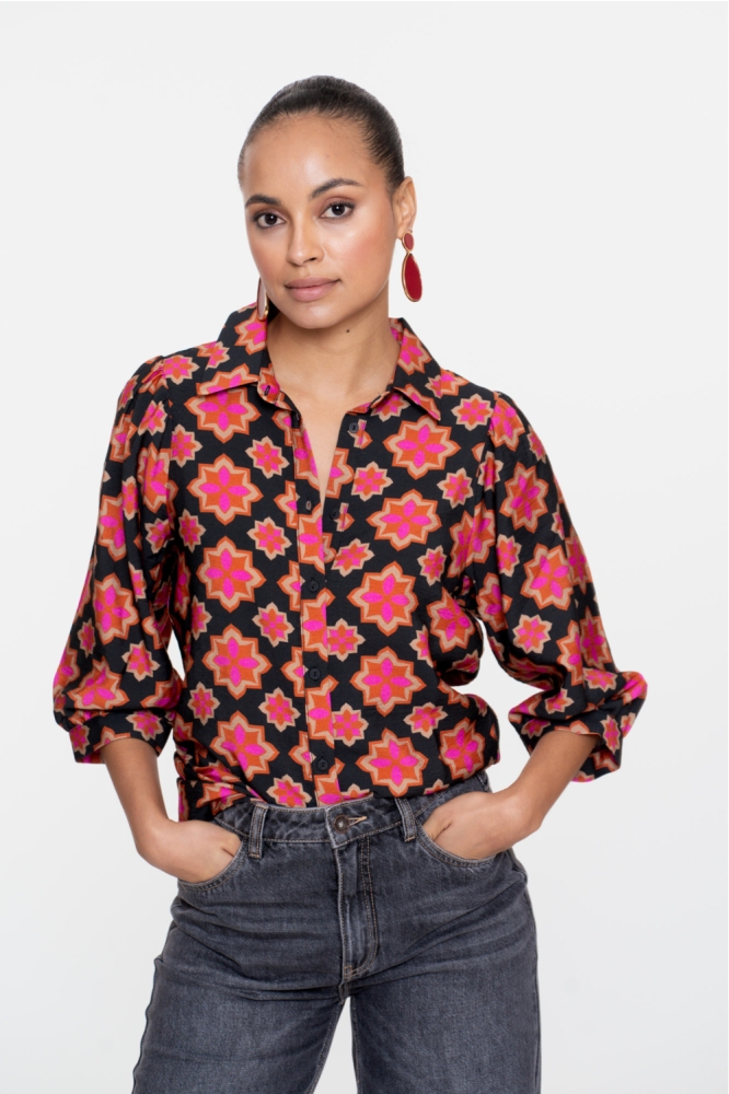RETRO FLOWER PRINT BLOUSE 53664-20 BLACK/ PINK